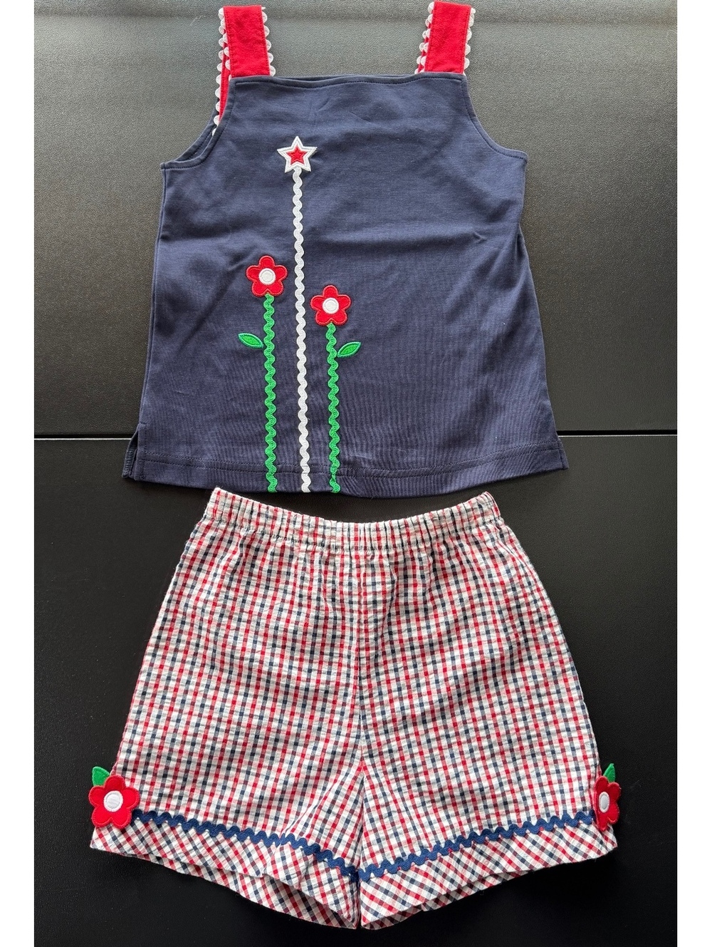 Florence Eiseman Girls Size 7 Flower Applique Gingham Shorts Top 2 Piece Set NWT